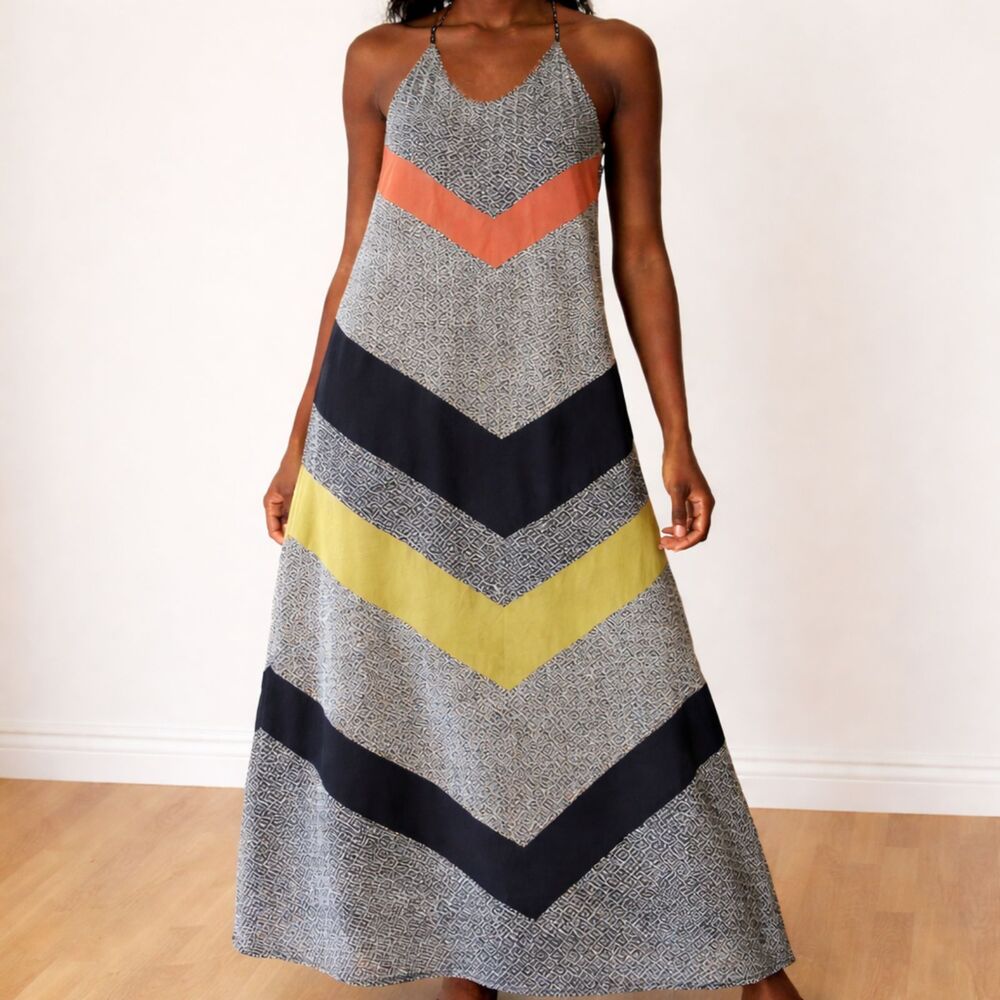 Old Navy Maxi Dress Womens Small Striped Colorblock Chiffon Chevron Lined